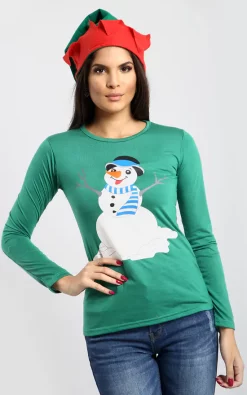 Discount ⌛ Oops Fashion 🎁 Christmas Snowman Print Top In Green 🥰