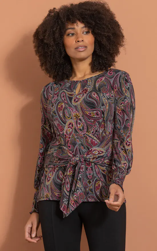 Discount ๐ Klass Tie Front Paisley Print Jersey Top Black/Red โ - Image 2