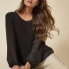 Wholesale ✔️ HOXTON GAL Long Sleeves Oversized Pleated Top With Tulle Details In Black 👍