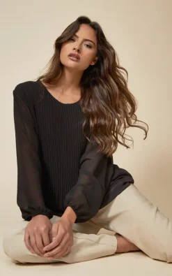 Wholesale ✔️ HOXTON GAL Long Sleeves Oversized Pleated Top With Tulle Details In Black 👍