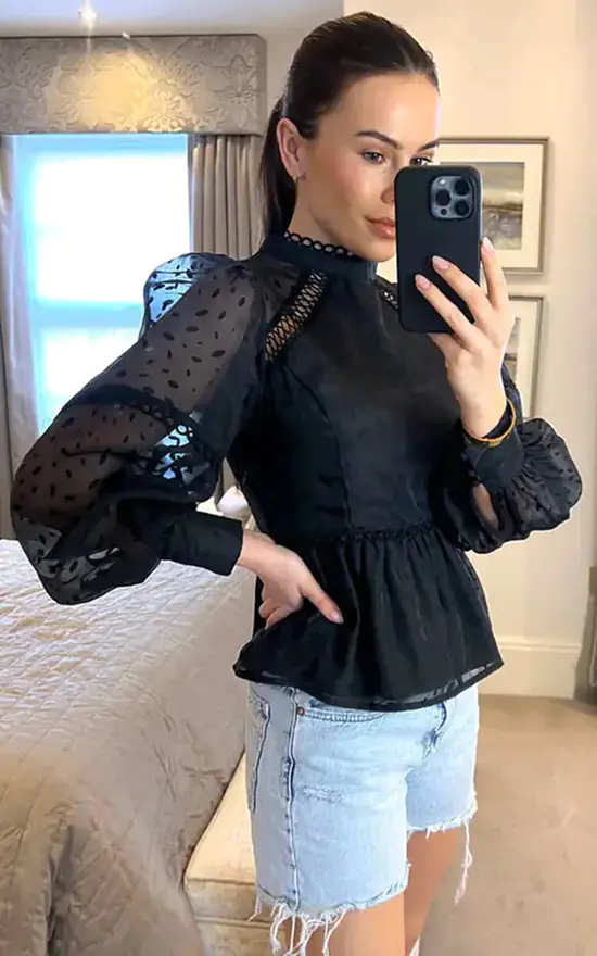 Cheapest 𧨠Double Second Black Polka Dot Organza Puff Sleeve Top π - Image 2