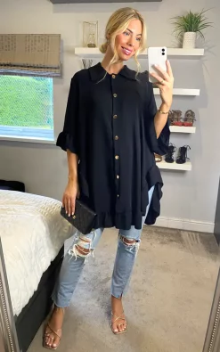 Best reviews of 🌟 HOXTON GAL Ruffle Detailed 3/4 Sleeves Tunic 👚 Shirt In Black 🧨