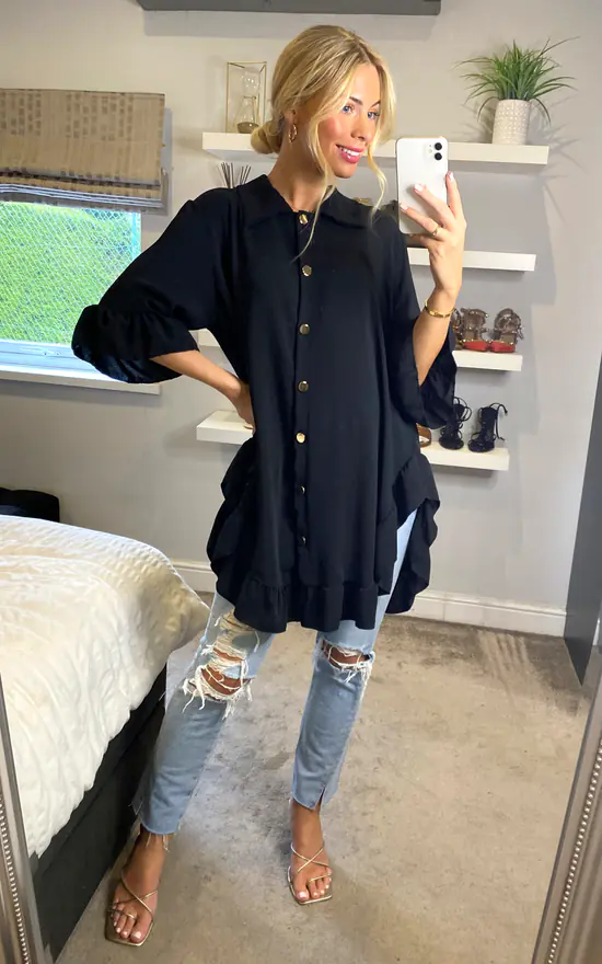 Best reviews of ๐ HOXTON GAL Ruffle Detailed 3/4 Sleeves Tunic ๐ Shirt In Black ๐งจ - Image 2