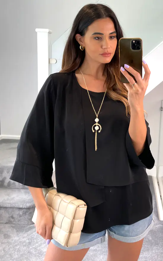 Deals 😍 HOXTON GAL Oversized 3/4 Sleeves Asymmetric Layered Blouse With Necklace In Black 🎁