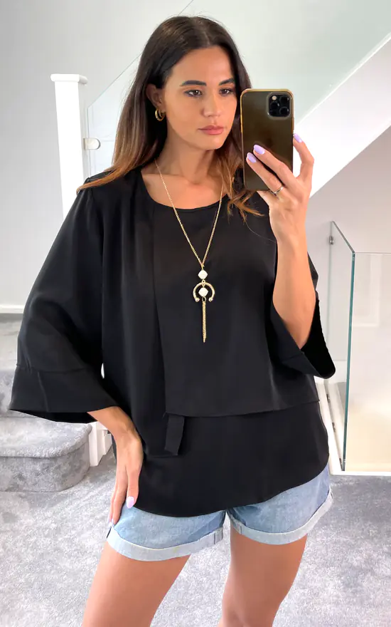 Deals 😍 HOXTON GAL Oversized 3/4 Sleeves Asymmetric Layered Blouse With Necklace In Black 🎁 - Image 2