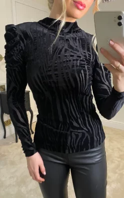New 🤩 APRICOT Black Zebra Burnout Ruched Mock Neck Top 🤩