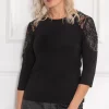 Discount ✨ Klass Embellished Lace Trim Stretch Top Black 🛒