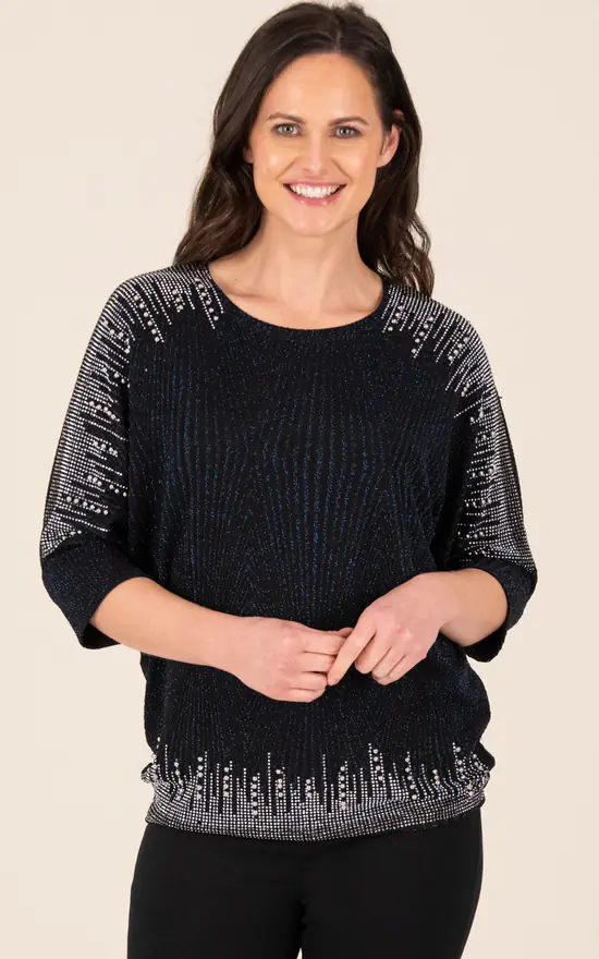 New โค๏ธ Klass Embellished Batwing Top Black/Blue ๐