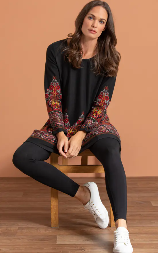 Flash Sale ✔️ Klass Paisley Border Print Knit Tunic Black/Red ✨