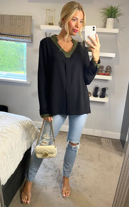 Buy ๐ HOXTON GAL Oversized Fit V Neck Top With Khaki Line Details In Black ๐