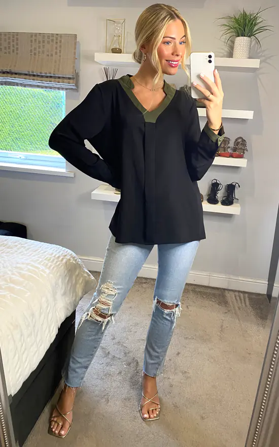 Buy ๐ HOXTON GAL Oversized Fit V Neck Top With Khaki Line Details In Black ๐ - Image 3