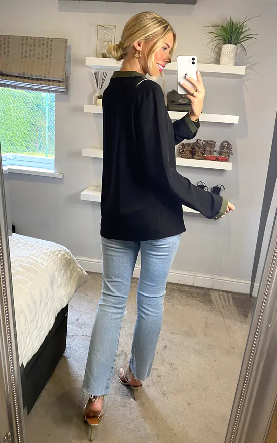 Buy ๐ HOXTON GAL Oversized Fit V Neck Top With Khaki Line Details In Black ๐ - Image 4