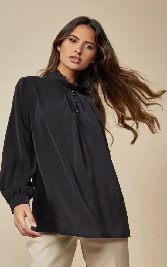 New 𧨠HOXTON GAL Relaxed Fit Long Sleeves Ruffle Neck Top With Button Details In Black π