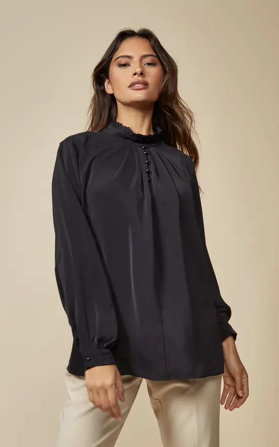 New 𧨠HOXTON GAL Relaxed Fit Long Sleeves Ruffle Neck Top With Button Details In Black π - Image 2