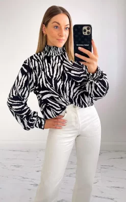 Best Sale 🎉 IKRUSH Abbie High Neck Blouse With Zebra Print In Black 🎉