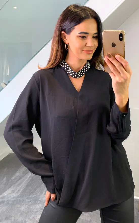 New ✨ HOXTON GAL Long Sleeves Oversized Blouse With Pearl Detail Collar In Black ✨
