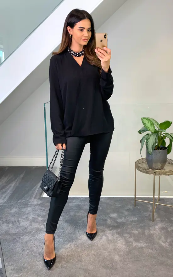 New ✨ HOXTON GAL Long Sleeves Oversized Blouse With Pearl Detail Collar In Black ✨ - Image 2