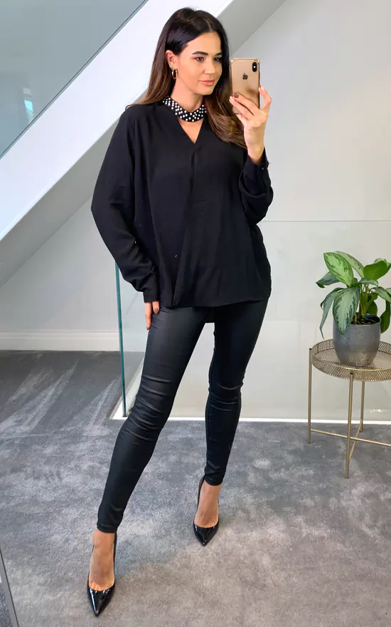 New ✨ HOXTON GAL Long Sleeves Oversized Blouse With Pearl Detail Collar In Black ✨ - Image 3