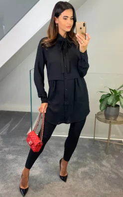 Outlet ✨ HOXTON GAL Oversized Tunic 👚 Shirt With Tie In Black 🤩