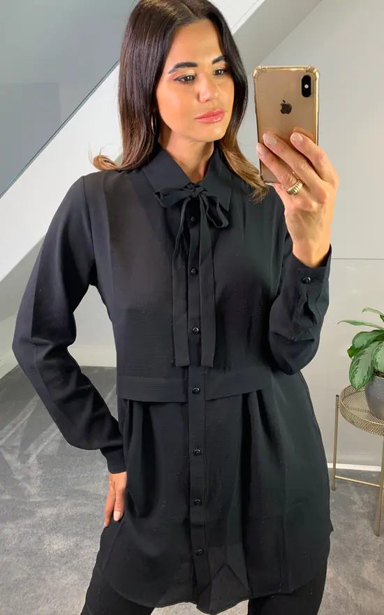 Outlet ✨ HOXTON GAL Oversized Tunic 👚 Shirt With Tie In Black 🤩 - Image 2