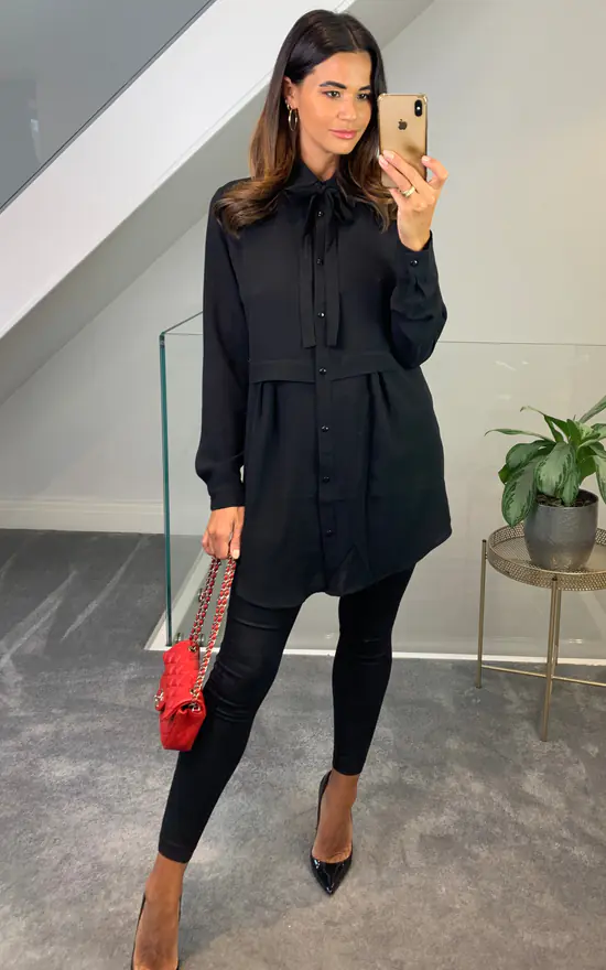 Outlet ✨ HOXTON GAL Oversized Tunic 👚 Shirt With Tie In Black 🤩 - Image 3