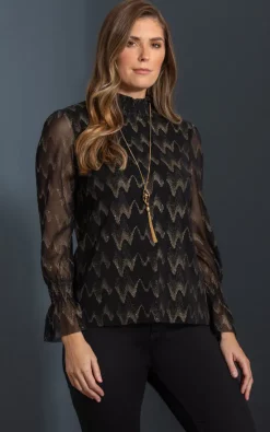 Cheap ✨ Klass Foil Printed Mesh High Neck Top With Necklace Black/Gold 🛒