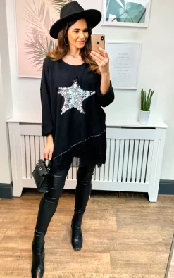Buy 👏 HOXTON GAL Oversized Star Print Sequin Top In Black 🥰