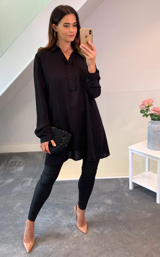Budget ๐ HOXTON GAL Crepe Tunic ๐ Shirt With Button Details In Black ๐งจ