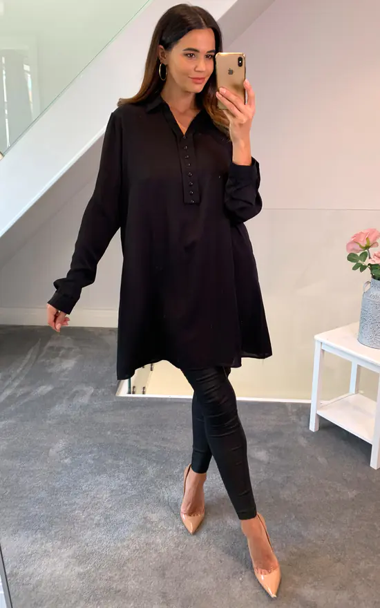 Budget ๐ HOXTON GAL Crepe Tunic ๐ Shirt With Button Details In Black ๐งจ - Image 2