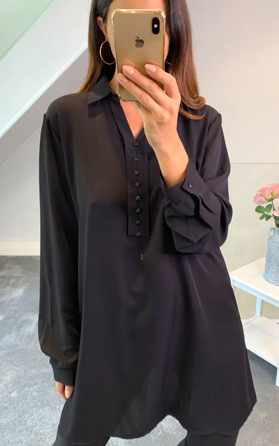 Budget ๐ HOXTON GAL Crepe Tunic ๐ Shirt With Button Details In Black ๐งจ - Image 3