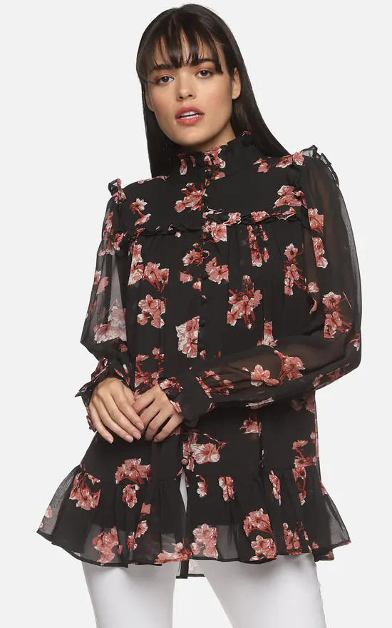 Brand new โญ Is.U Black Floral Printed Full Sleeve Ruffle Top ๐