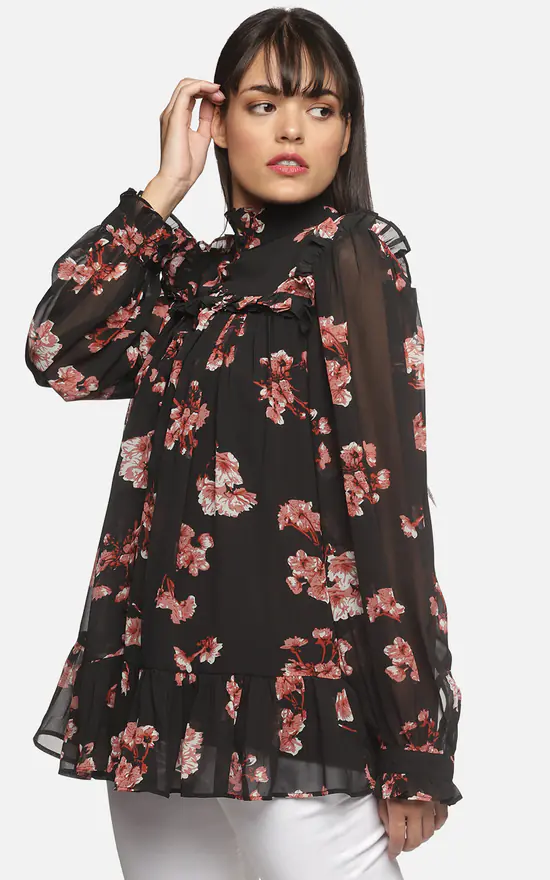 Brand new โญ Is.U Black Floral Printed Full Sleeve Ruffle Top ๐ - Image 2